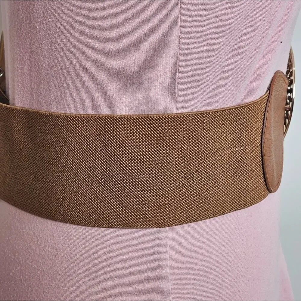 Elastic Belt with Gold Toned Buckle and Faux Leather